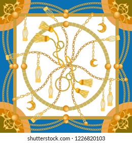 Silk scarf with golden chains, leather tie and curtain brushes. Squared pattern with jewelry elements. Women's fashon collection. On white background.