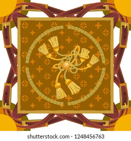 Silk scarf with golden chains, leather belts and geometric ornaments. Squared pattern with fashion accessories. Women's fashon collection. On white background.