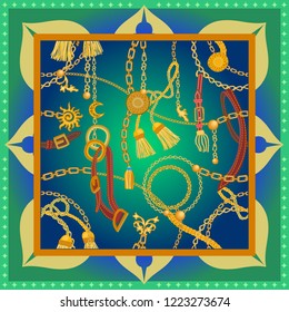 Silk scarf with golden chains, straps and curtain brushes. Squared pattern with jewelry elements. Women's fashon collection. On green background.