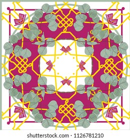 Silk scarf with green eucalyptus dollar lea. Abstract seamless pattern with hand drawn floral elements.