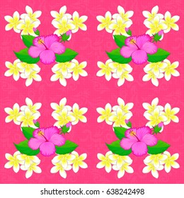 Silk scarf with hibiscus flowers on a pink background. Abstract seamless vector pattern with hand drawn floral elements. Retro textile design collection. Autumn colors. 1950s-1960s motifs.