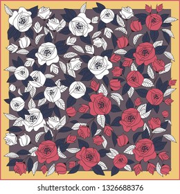 Silk scarf with the image of white and red roses.