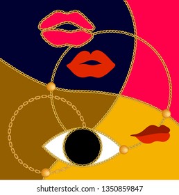 Silk scarf inspired by abstract painting. Simple geometric print with golden chains and other decorative elements. Lips and eye. Modern textile collection.