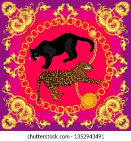 Silk scarf with jewelry and wild animals. Scrolls, golden chains, panther and leopad on contrast background. Women's fashon collection. Golden, purple, red.