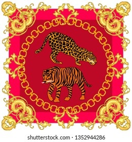 Silk scarf with jewelry and wild animals. Scrolls, golden chains, tiger and leopad on contrast background. Women's fashon collection. Golden, white, red.