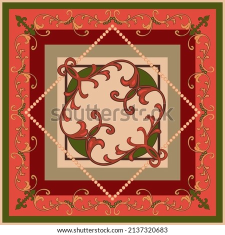 Silk scarf or kerchief Rococo style vector frame design. Floral vintage shawl background.