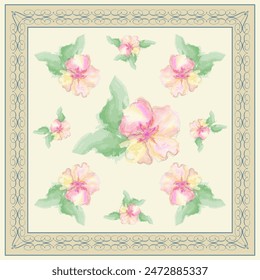 Silk scarf with large watercolor apple flowers and leaves. Elegant ornamental frame on beige background. Grace template for bandanas and other textile designs. Summer textile collection. Vecror.