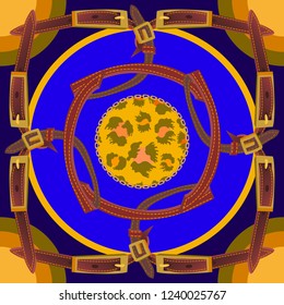 Silk scarf with leather belts. Squared pattern with oriental art motifs. Women's fashon collection. Golden, blue.