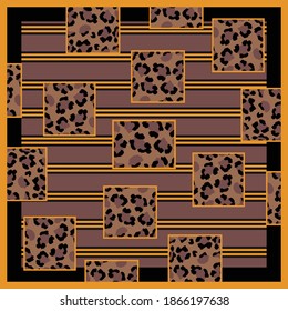 Silk scarf with leopard skin pattern on brown. Scarves design