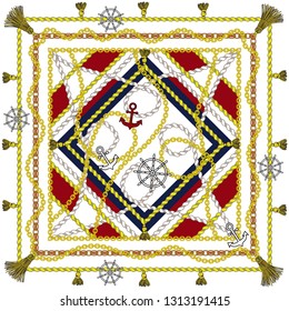 Silk scarf with marine motifs. Anchors, chains, ropes, rudders, brushes. Vector.