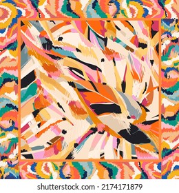 Silk scarf modern artistic design with bright colorful ornament. Abstract ethnic style. Fashionable vector template for your design.