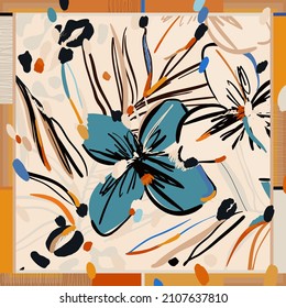 Silk scarf modern design with artistic flowers and leopard skin. Abstract ethnic style. Fashionable vector template for your design.