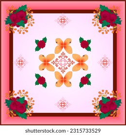 Silk scarf oriental luxury seamless pattern. Red flower peach butterfly color beautiful pink background design for fabric, clothing, texture, element, carpet, vector, illustration, printing, border