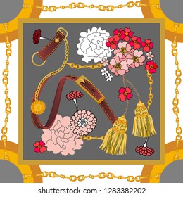 Silk scarf with oriental motifs. Curtain brushes, leather belts golden chains and flowers on grey background. Women's fashon collection.