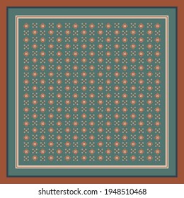 Silk scarf with ornament pattern on green. Square scarves design