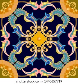 Silk scarf with paisley elements. Beautilul ornament with floral motifs and golden chains inspired by oriental art. Vintage textile collection. On black background.