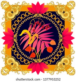 Silk scarf with palm leaves and flowers. Scrolls and golden chains on contrast background. Women's fashon collection. Golden, black, red.