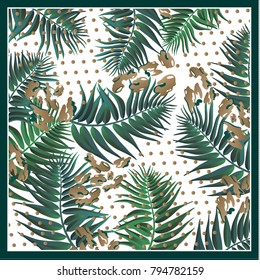 Silk scarf with palm leaves on grunge background with leopard spots.. Vintage textile collection.