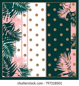 Silk scarf with palm leaves on dots and stripe background with. Tropical illustration. Jungle foliage.