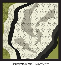 silk scarf pattern background, abstract motif hijab scarf with leaves floral background