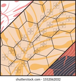 silk scarf pattern background, abstract motif hijab scarf with leaves floral background