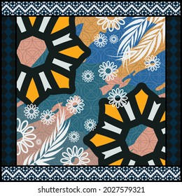 silk scarf pattern background, abstract motif hijab scarf with leaves floral background
