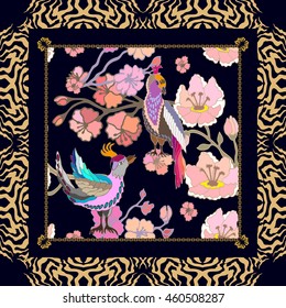 Silk scarf pattern with blooming sakura flowers and birds. Chinese, Japanese, Korean motifs. Vintage textile collection. Black.

