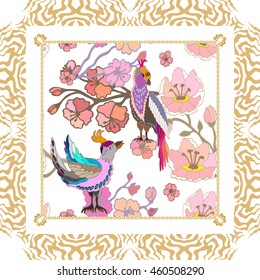 Silk scarf pattern with blooming sakura flowers and birds. Chinese, Japanese, Korean motifs. Vintage textile collection. White.
