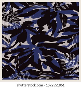 Silk scarf pattern with camouflage and leaf design on navy blue