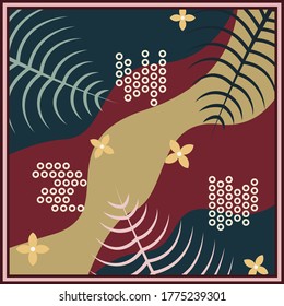 Silk scarf pattern design with floral dan geometric abstract style. Design useful for hijab, kerchief, bandana, fabric, fashion, shawl, wallpaper, bed cover, etc.