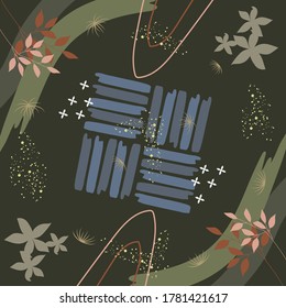 Silk scarf pattern design with floral abstract style useful for hijab, kerchief, bandana, fabric, fashion, shawl, wallpaper, bed cover, etc