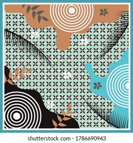 Silk scarf pattern design with floral and geometric abstract style useful for hijab, kerchief, bandana, fabric, fashion, shawl, wallpaper, bed cover, etc.