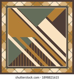 Silk scarf pattern design with geometric shapes on brown stripes