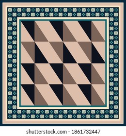 Silk scarf pattern with ethnic geometry design on green and brown color. Hijab motif