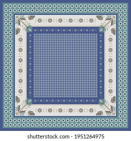 Silk scarf pattern with flower ornament. Square scarves design on blue