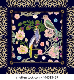 Silk scarf pattern with flowers and birds. Vintage textile collection. White. Black.