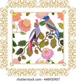 Silk scarf pattern with flowers, oak leaves and birds. Chinese, Japanese, Korean motifs. Vintage textile collection. White.