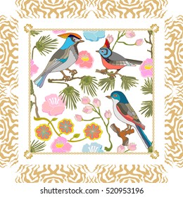 Silk scarf pattern with flowers, pine branches and fantasy paradise birds. Chinese, Japanese, Korean motifs. Vintage textile collection. White.