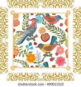 Silk scarf pattern with flowers, willow leaves and fantasy birds. Chinese, Japanese, Korean motifs. Vintage textile collection. White.
