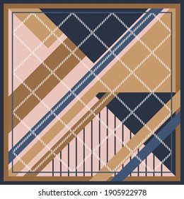 Silk scarf pattern with geometry style on brown and navy color