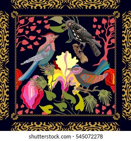 Silk scarf pattern with irises, callas, pine branches and fantasy birds. Chinese, Japanese, Korean motifs. Vintage textile collection. Black.