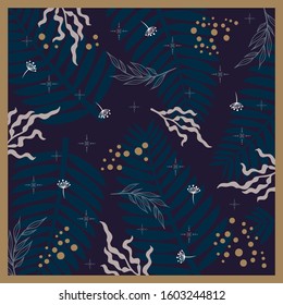 Silk scarf pattern with leaf and dots motif. Hijab design