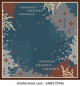 Silk scarf pattern with leaf on navy blue and red color. Hijab design