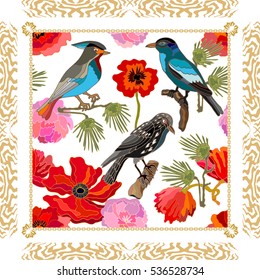 Silk scarf pattern with peonies, poppies, pine branches and fantasy birds. Chinese, Japanese, Korean motifs. Vintage textile collection. White.
