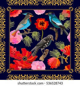 Silk scarf pattern with peonies, poppies, pine branches and fantasy birds. Chinese, Japanese, Korean motifs. Vintage textile collection. Black.