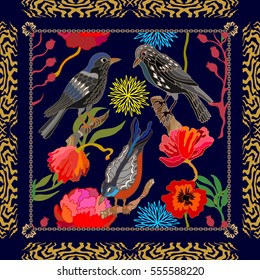 Silk scarf pattern with poppies, berries, willow branches and fantasy birds. Chinese, Japanese, Korean motifs. Vintage textile collection. 