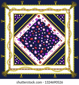 Silk scarf with a pattern of precious stones and gold chains.