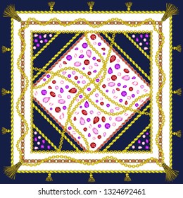 Silk scarf with a pattern of precious stones, gold chains and brushes.