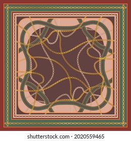 Silk scarf pattern with rope and gold chain design. Square scarves