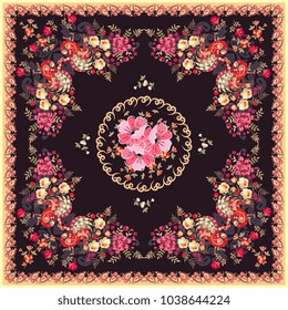 Silk scarf with peacocks, paisley ornament, tulips, roses and poppies flowers in ethnic style. Vector illustration.